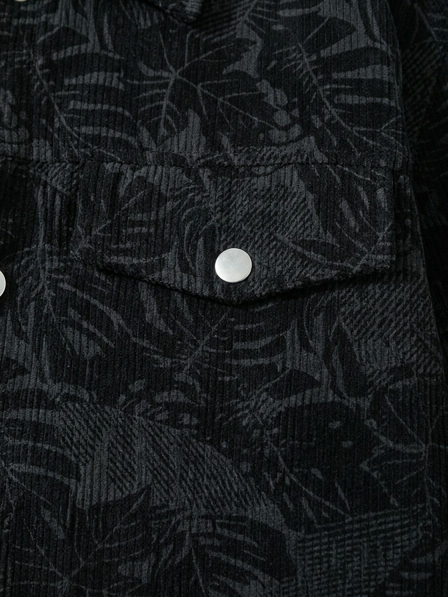 Procida Men's Leaf-Print Corduroy Snap Jacket — black — detail-collar