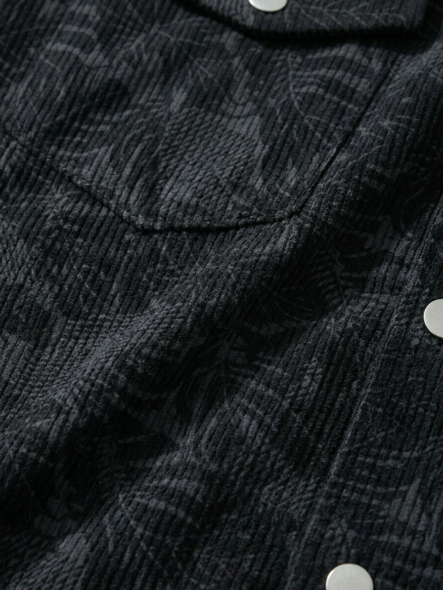 Procida Men's Leaf-Print Corduroy Snap Jacket — black — detail