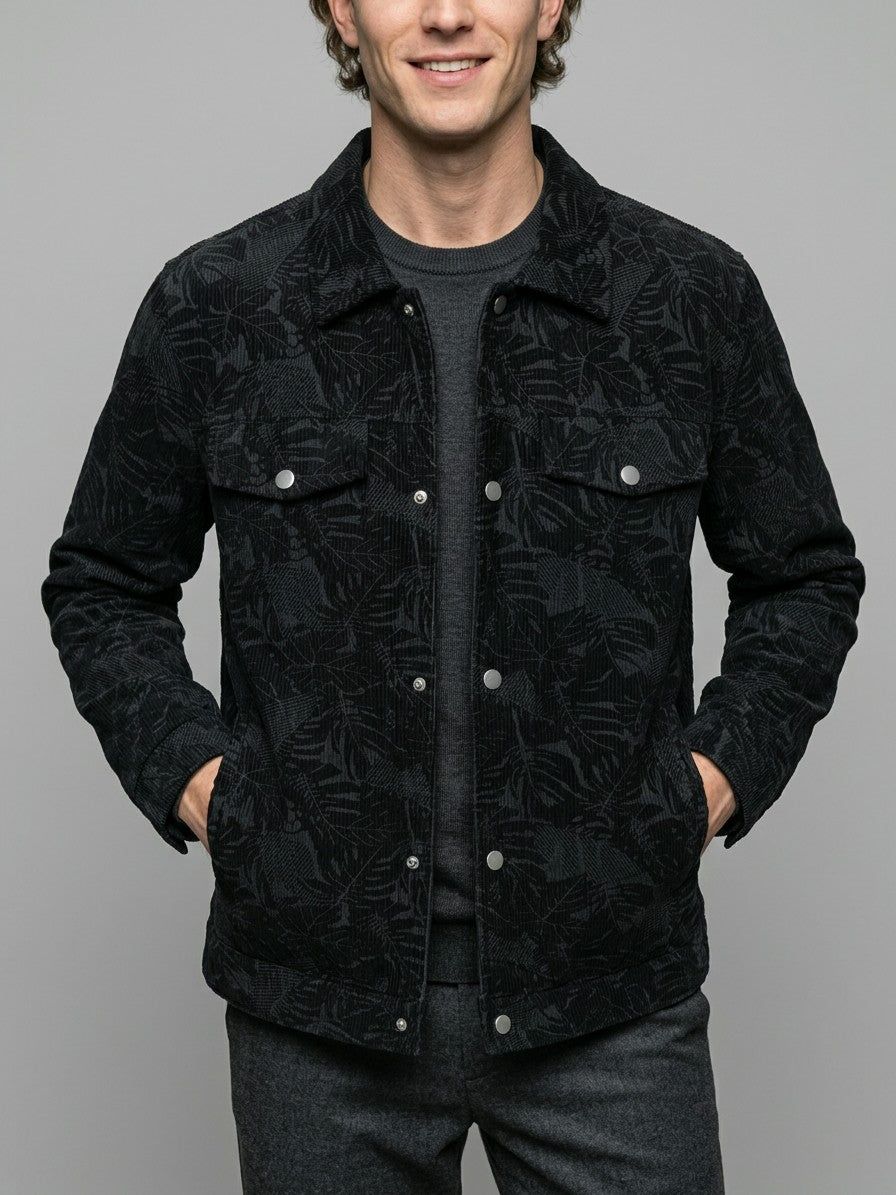 Procida Men's Leaf-Print Corduroy Snap Jacket — black — front