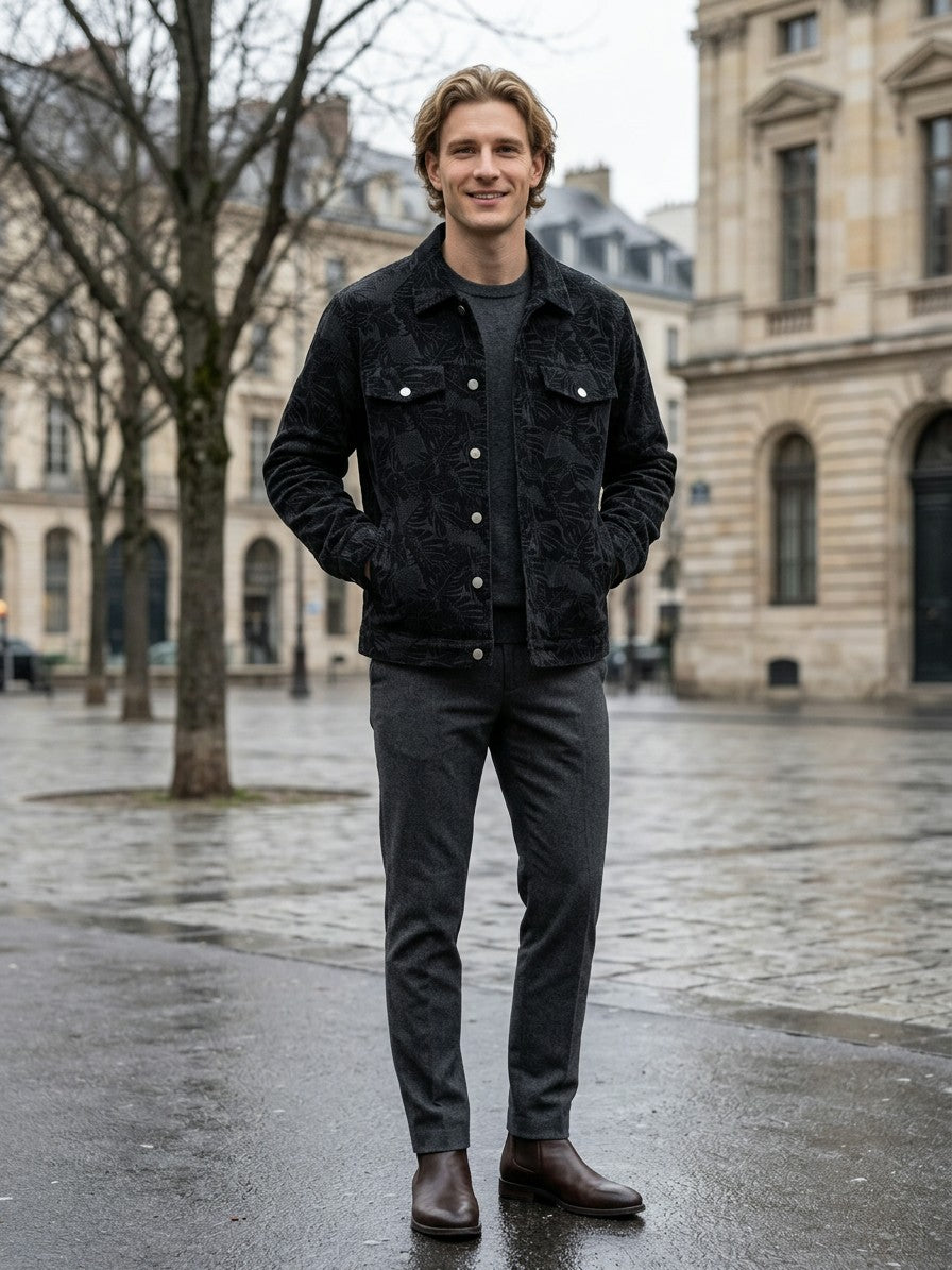 Procida Men's Leaf-Print Corduroy Snap Jacket — black — lifestyle