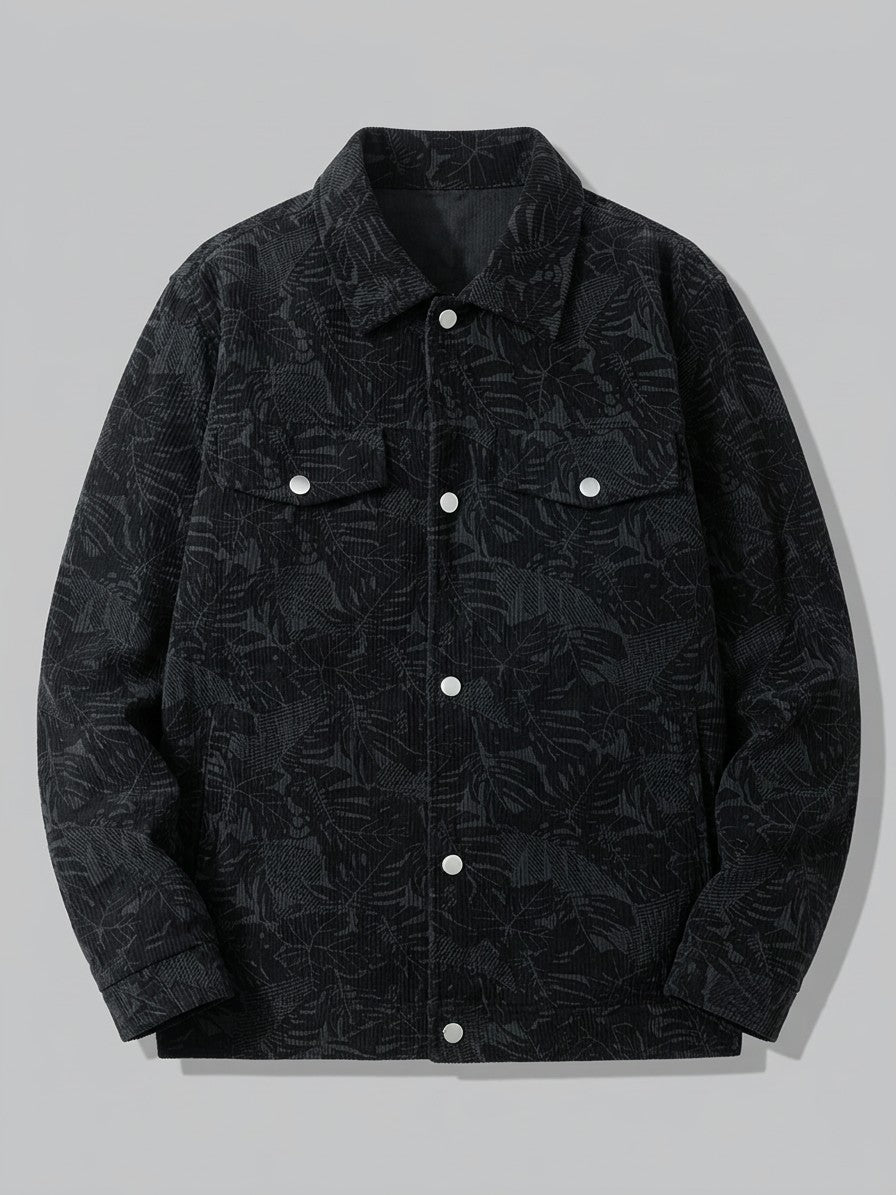 Procida Men's Leaf-Print Corduroy Snap Jacket — black — packshot