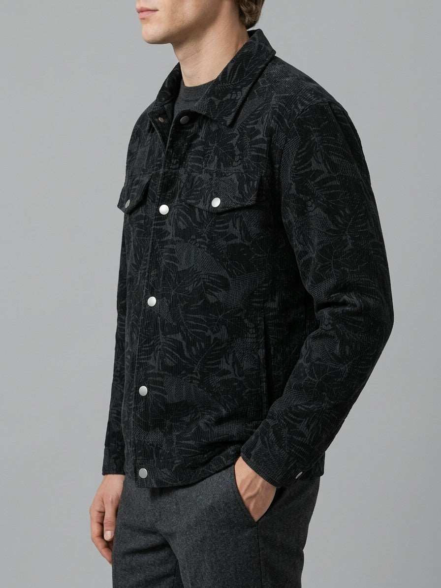 Procida Men's Leaf-Print Corduroy Snap Jacket — black — side