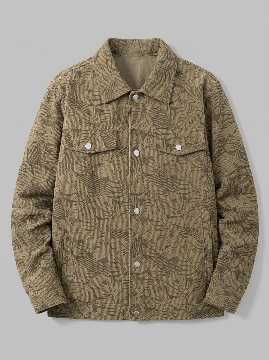 Procida Men's Leaf-Print Corduroy Snap Jacket — coffee — packshot