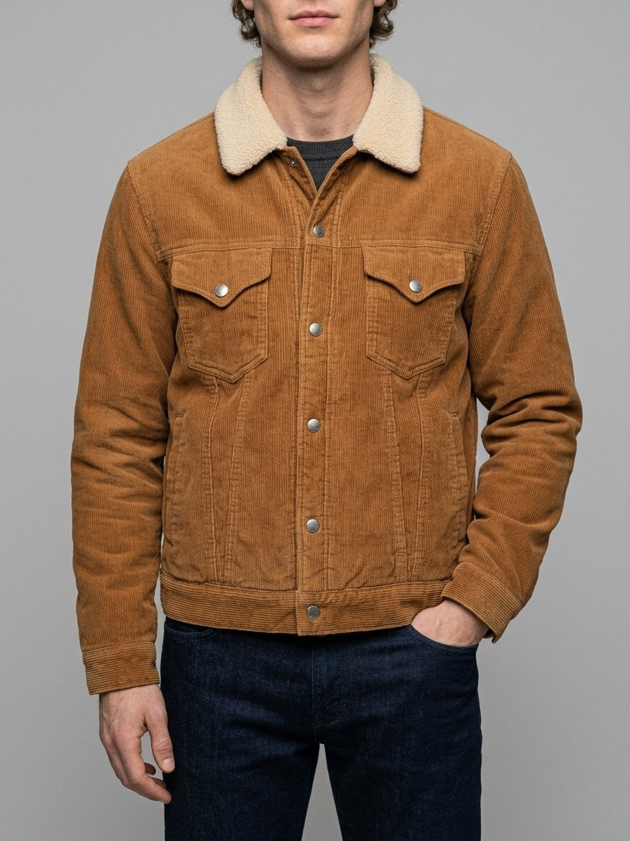 Rapolano Men's Sherpa Collar Corduroy Trucker Jacket — tobacco — front