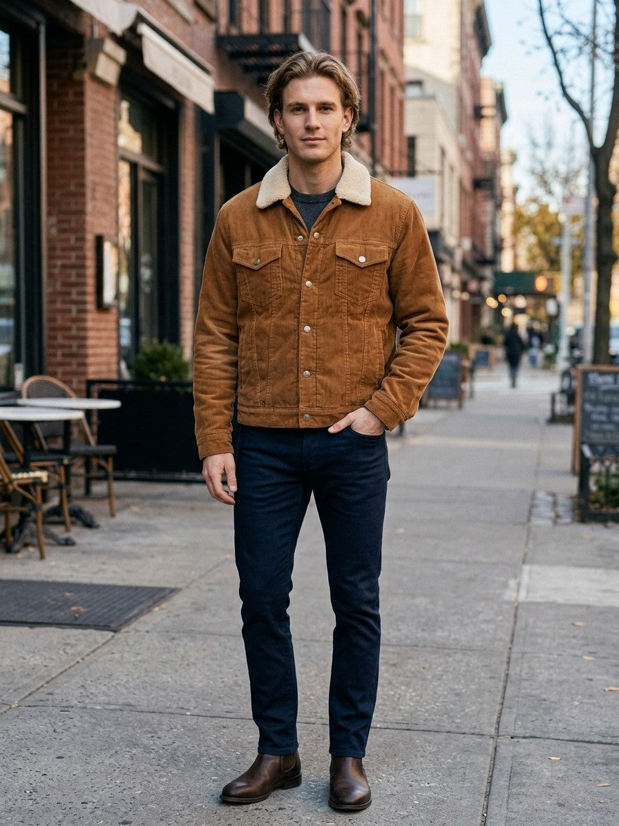 Rapolano Men's Sherpa Collar Corduroy Trucker Jacket — tobacco — lifestyle