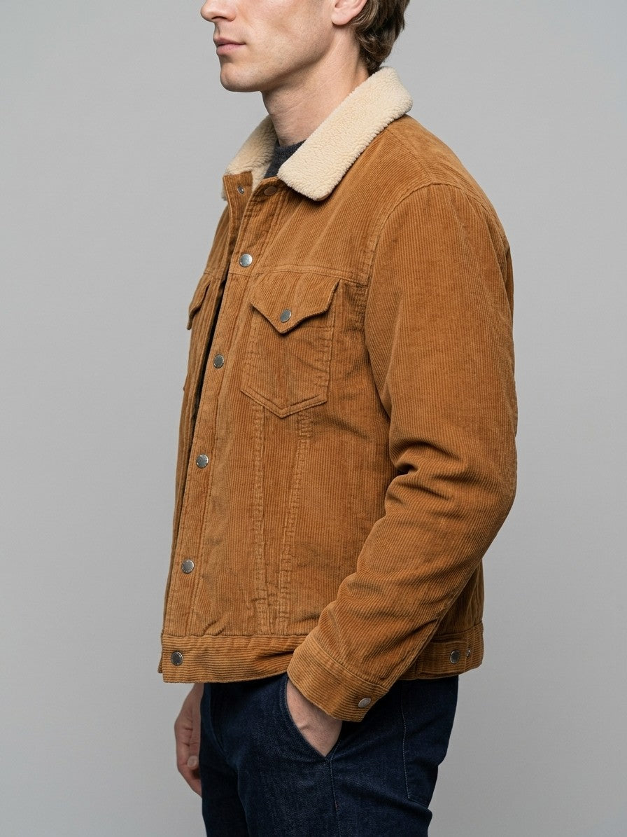 Rapolano Men's Sherpa Collar Corduroy Trucker Jacket — tobacco — side