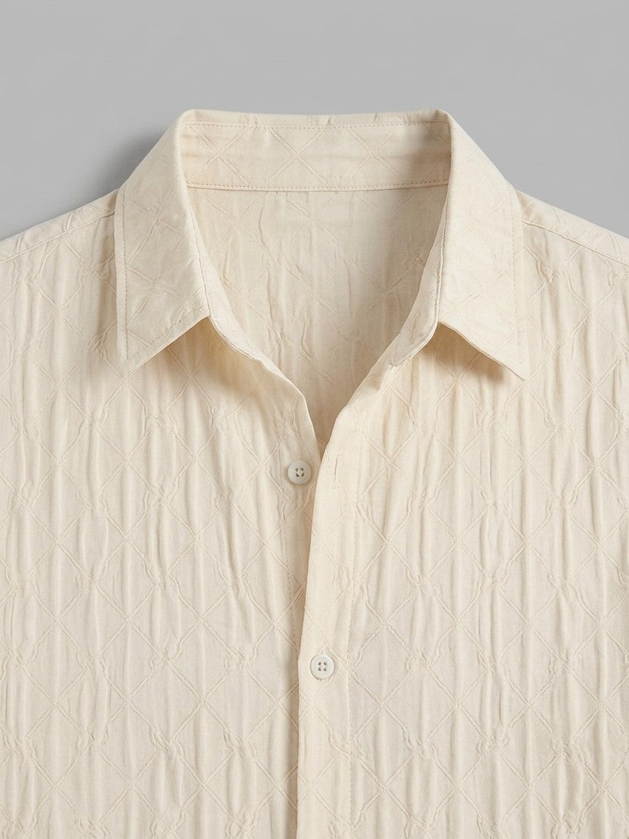 Ravello Men's Embossed Stretch Button-Up Shirt — softcream — detail-collar