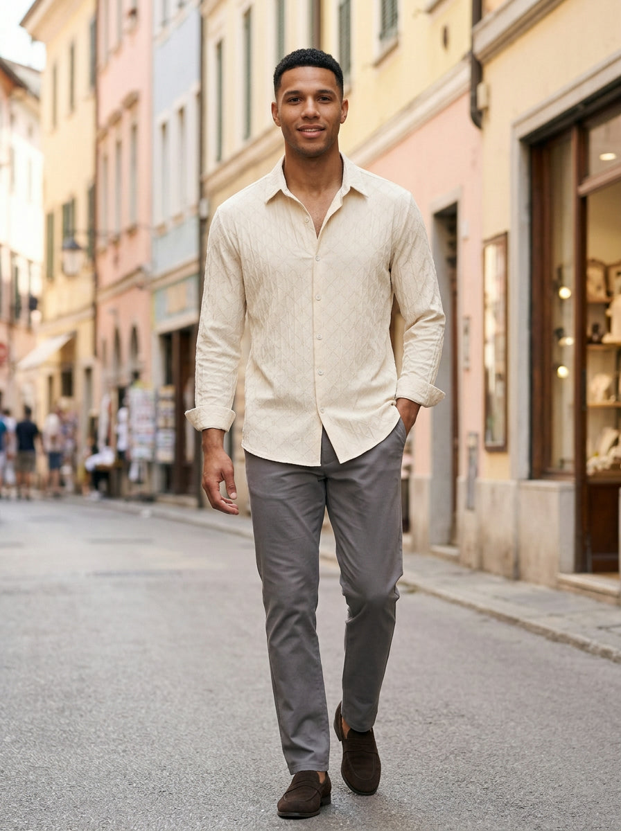Ravello Men's Embossed Stretch Button-Up Shirt — softcream — lifestyle