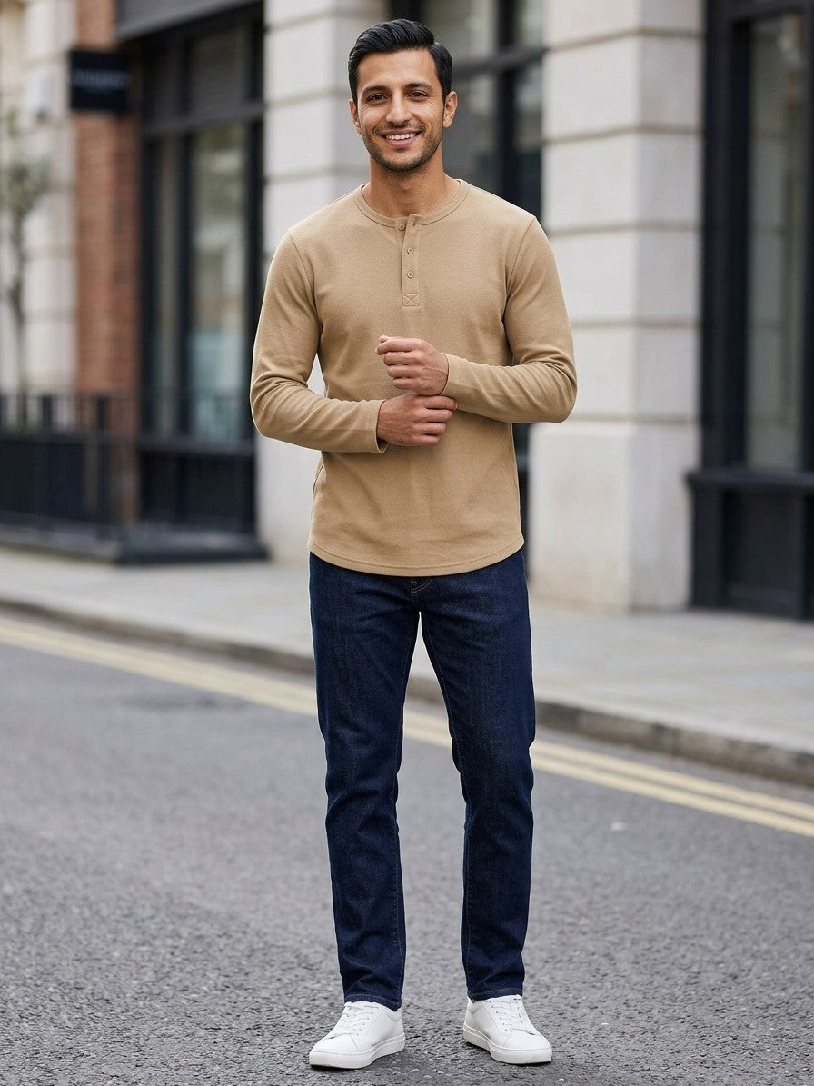 Ravenna Men's Long Sleeve Henley — khaki — lifestyle