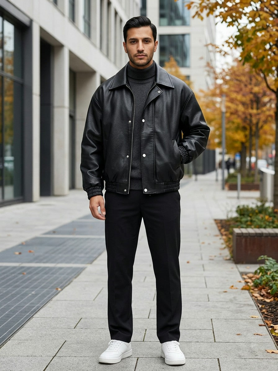 Recanati Men's Leather-Look Bomber Jacket — black — lifestyle