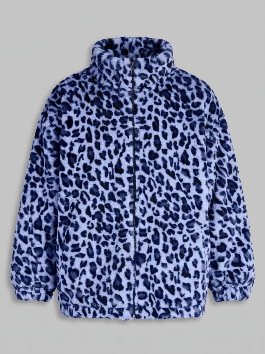 Recco Men's Leopard Faux Fur Jacket — blue — packshot