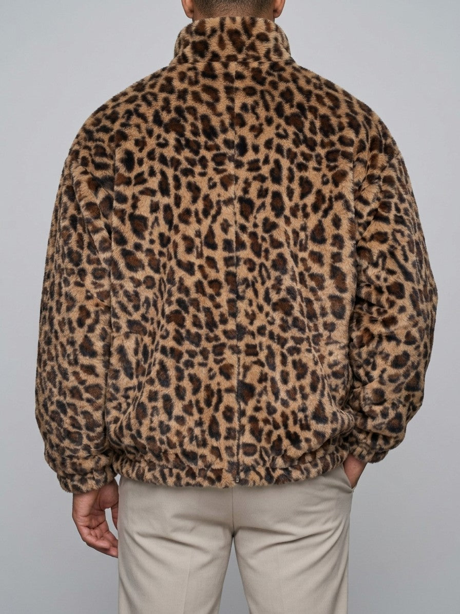 Recco Men's Leopard Faux Fur Jacket — brown — back