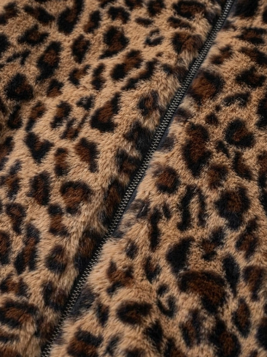 Recco Men's Leopard Faux Fur Jacket — brown — detail-collar