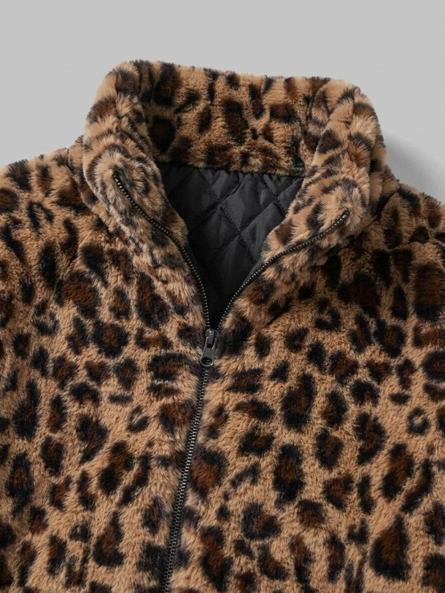 Recco Men's Leopard Faux Fur Jacket — brown — detail