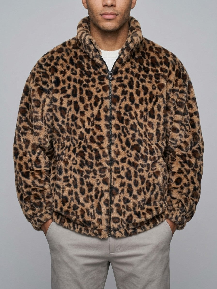 Recco Men's Leopard Faux Fur Jacket — brown — front