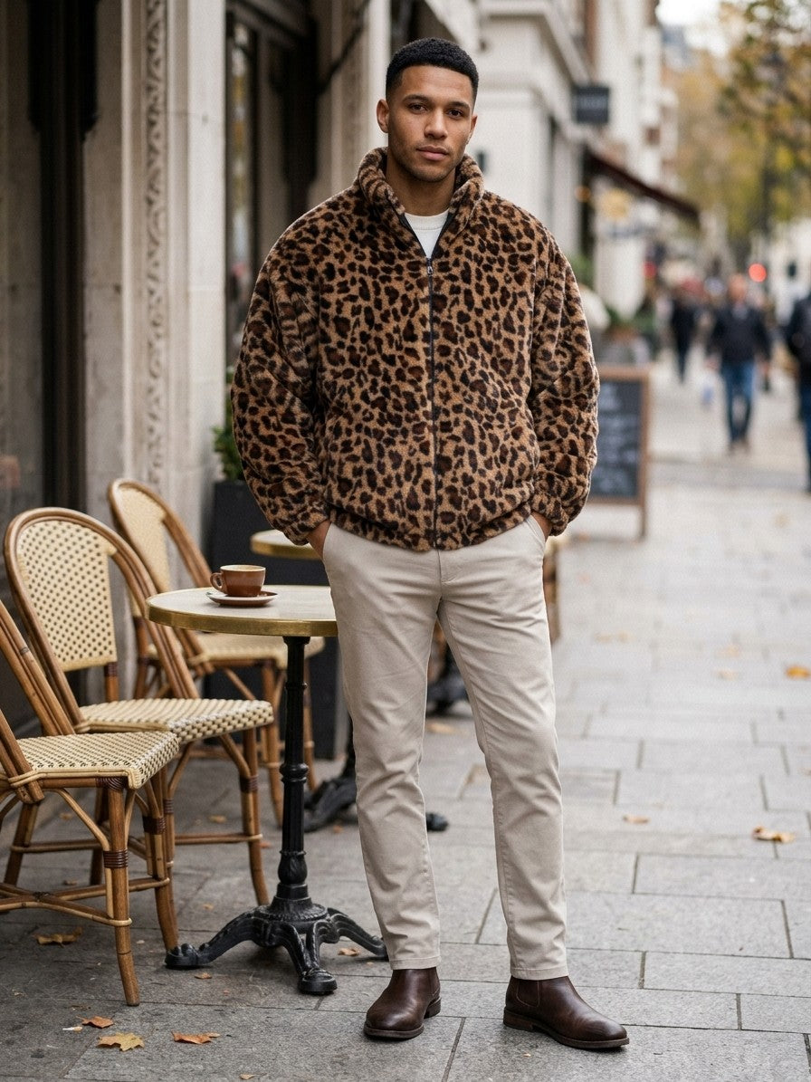 Recco Men's Leopard Faux Fur Jacket — brown — lifestyle