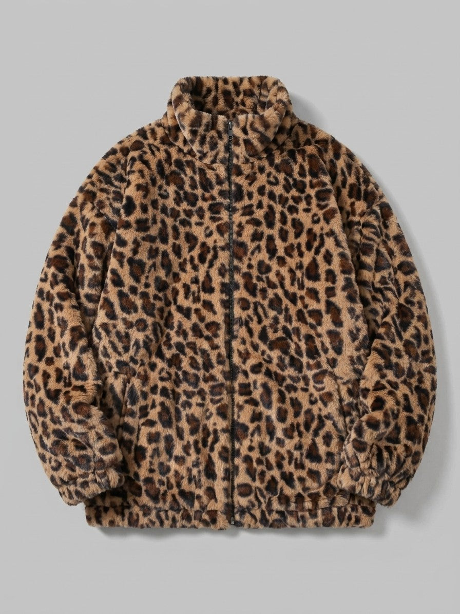 Recco Men's Leopard Faux Fur Jacket — brown — packshot