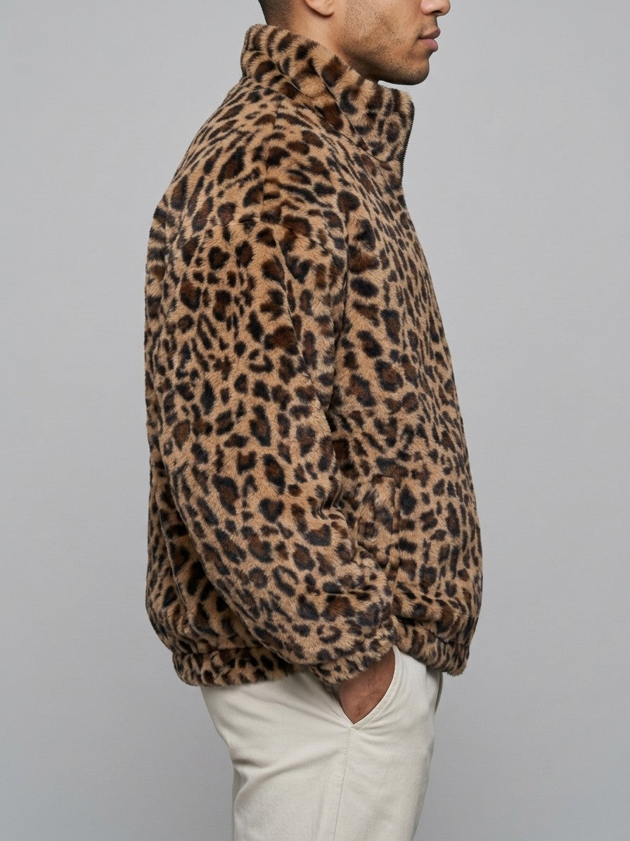 Recco Men's Leopard Faux Fur Jacket — brown — side