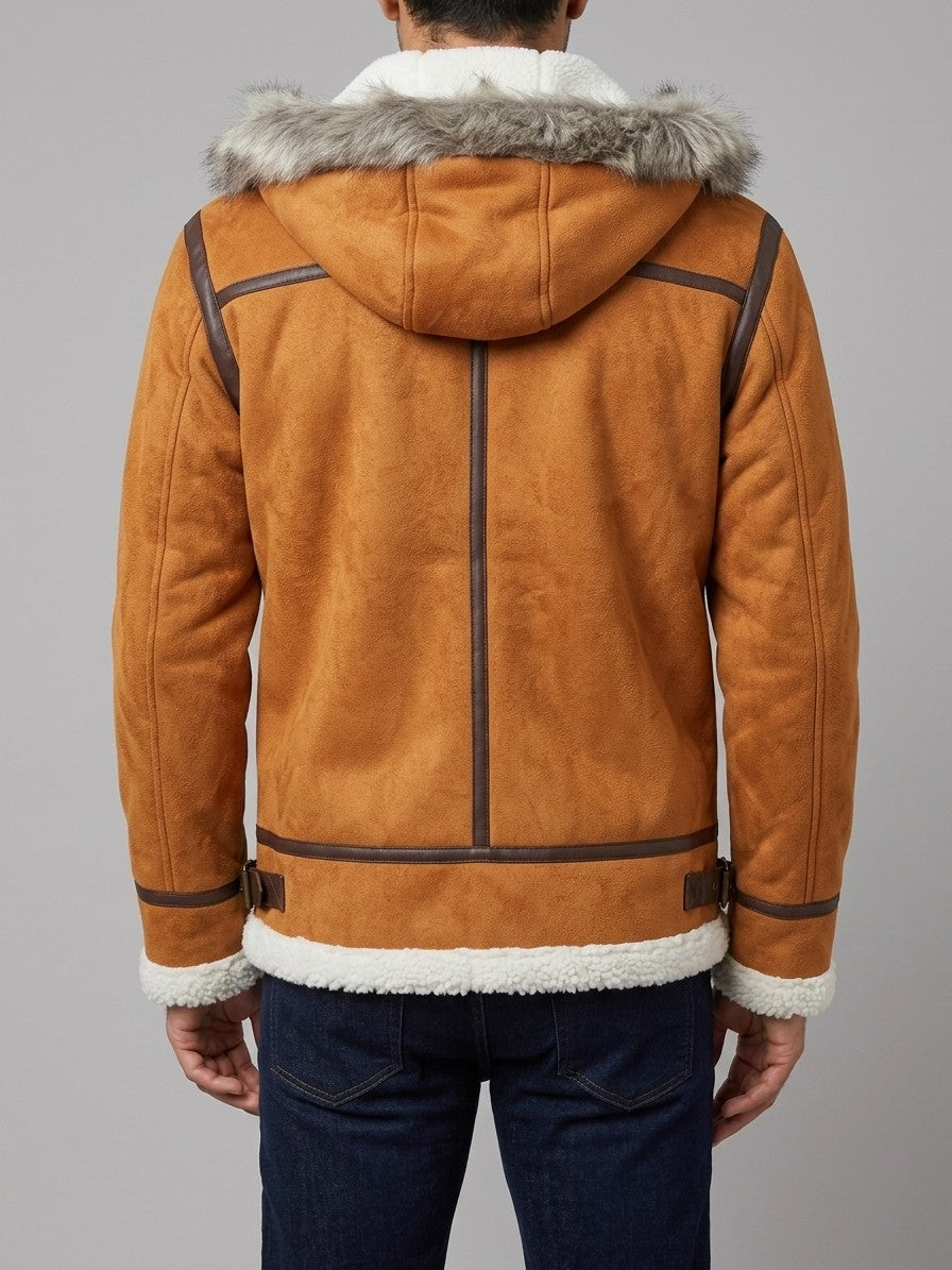 Riccia Men's Hooded Faux Shearling Aviator Jacket — tan — back