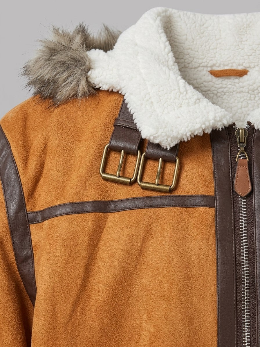 Riccia Men's Hooded Faux Shearling Aviator Jacket — tan — detail-2