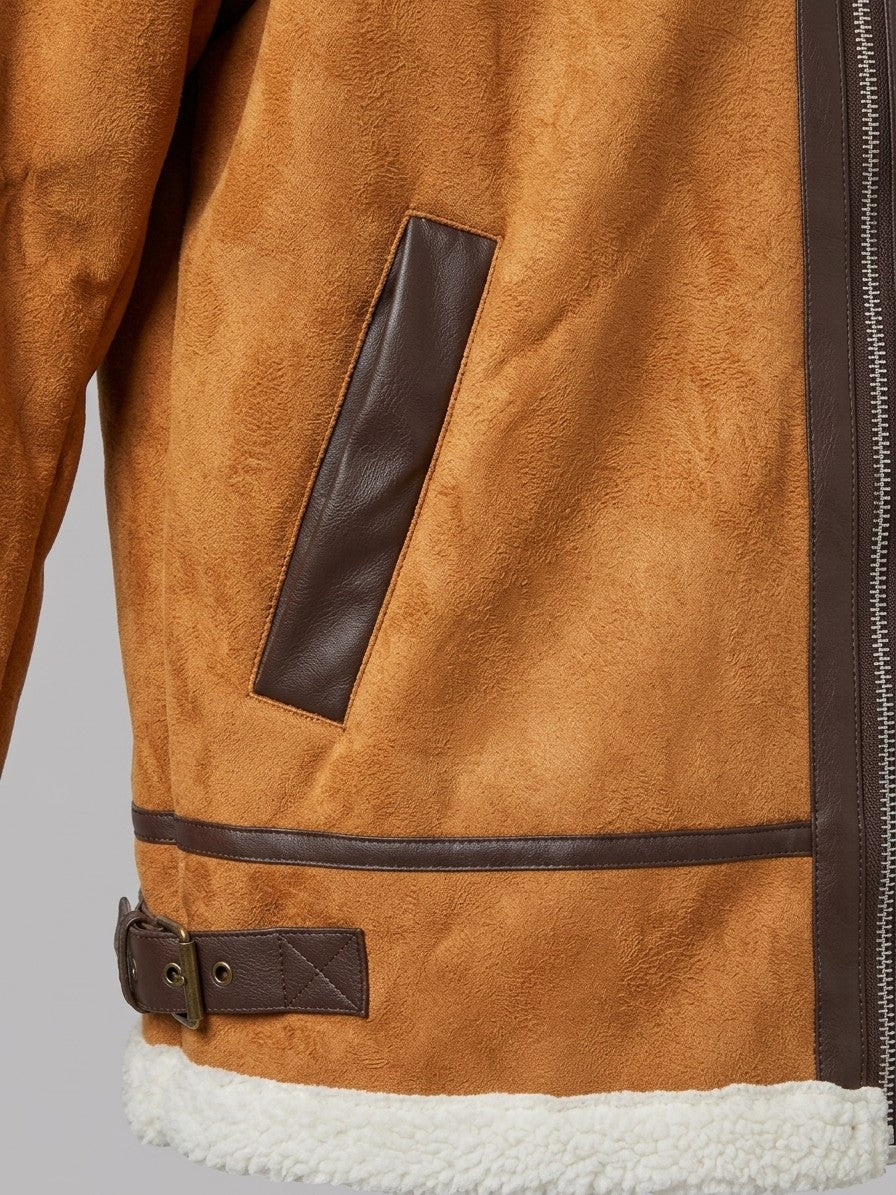 Riccia Men's Hooded Faux Shearling Aviator Jacket — tan — detail-collar