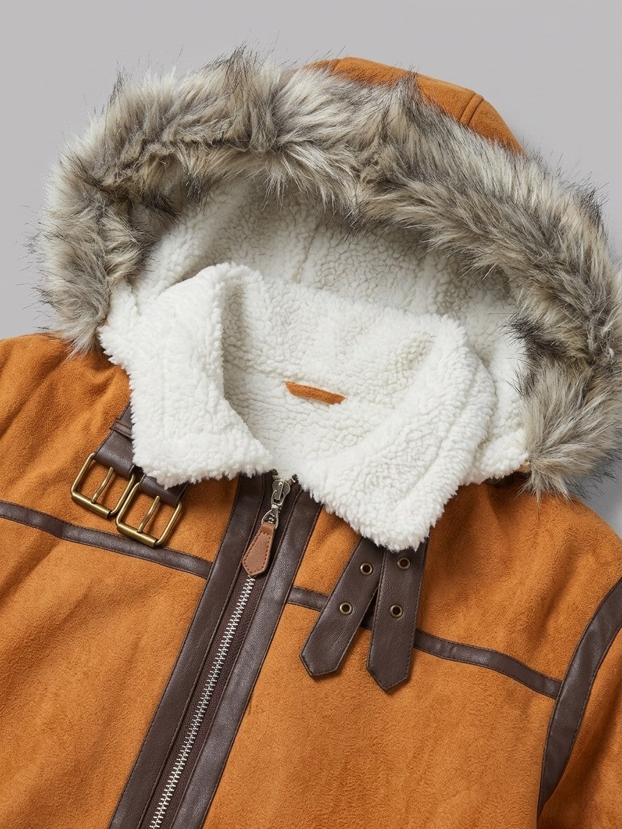Riccia Men's Hooded Faux Shearling Aviator Jacket — tan — detail