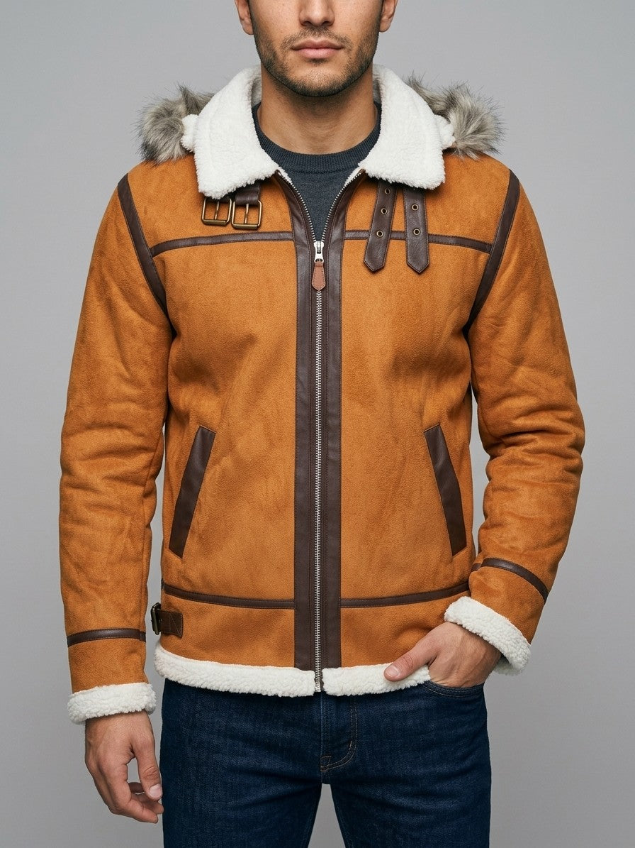 Riccia Men's Hooded Faux Shearling Aviator Jacket — tan — front