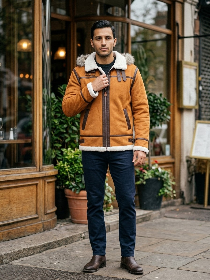 Riccia Men's Hooded Faux Shearling Aviator Jacket — tan — lifestyle