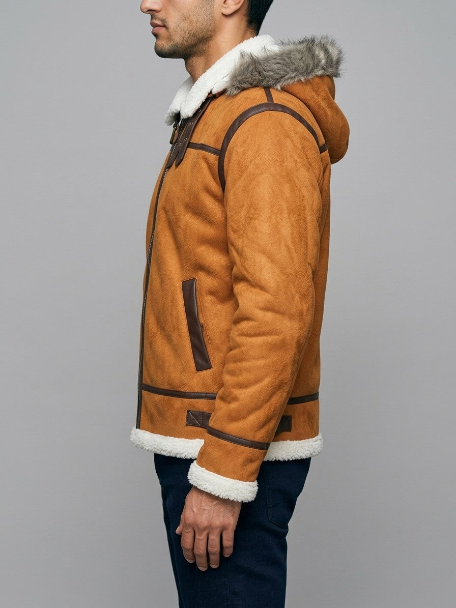 Riccia Men's Hooded Faux Shearling Aviator Jacket — tan — side