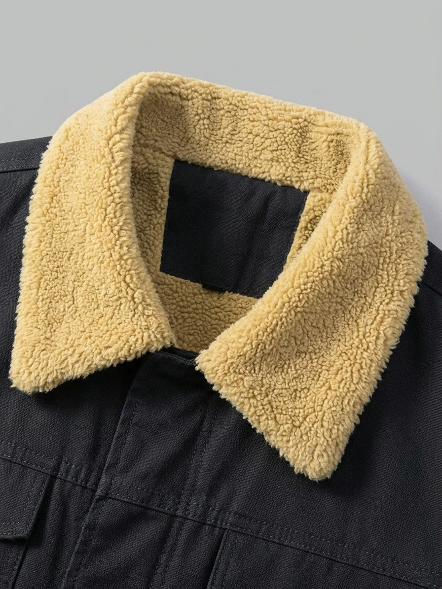 Rieti Men's Sherpa-Lined Trucker Jacket — black — detail-collar