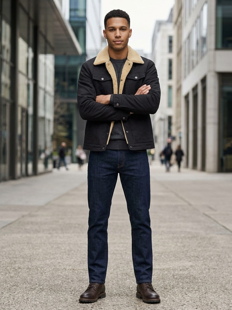 Rieti Men's Sherpa-Lined Trucker Jacket — black — lifestyle