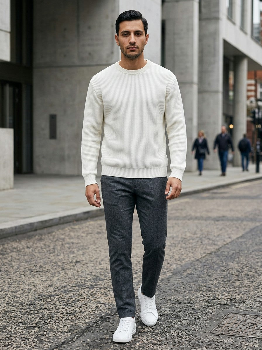 Rimini Men's Ribbed Crew Neck Sweater — white — lifestyle