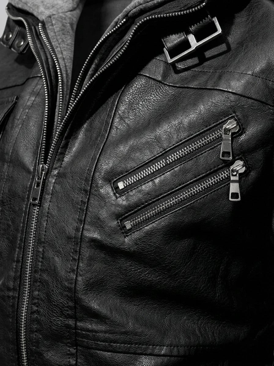 Riomaggiore Men's Hooded Moto Jacket — black — detail-alt