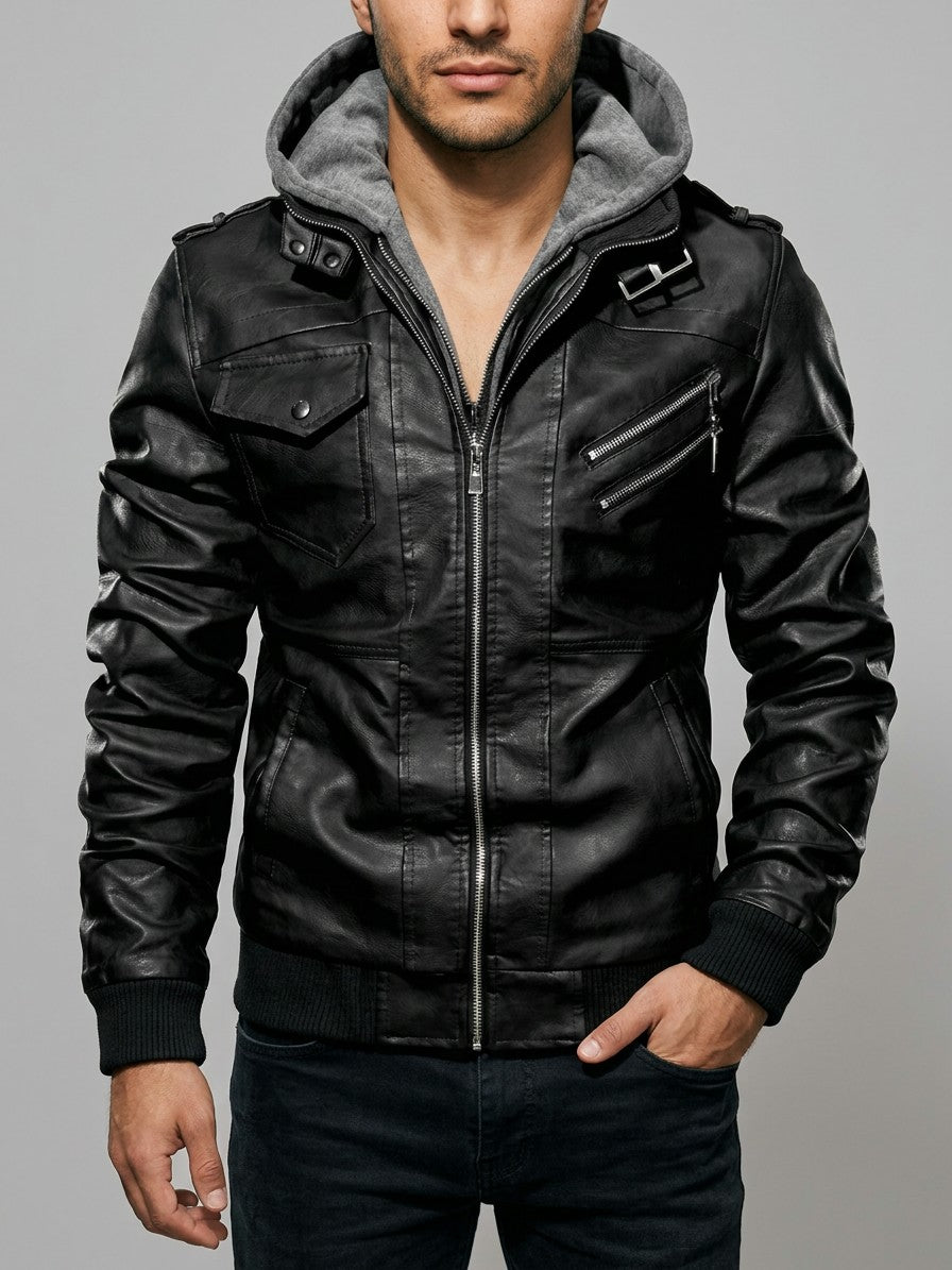 Riomaggiore Men's Hooded Moto Jacket — black — front