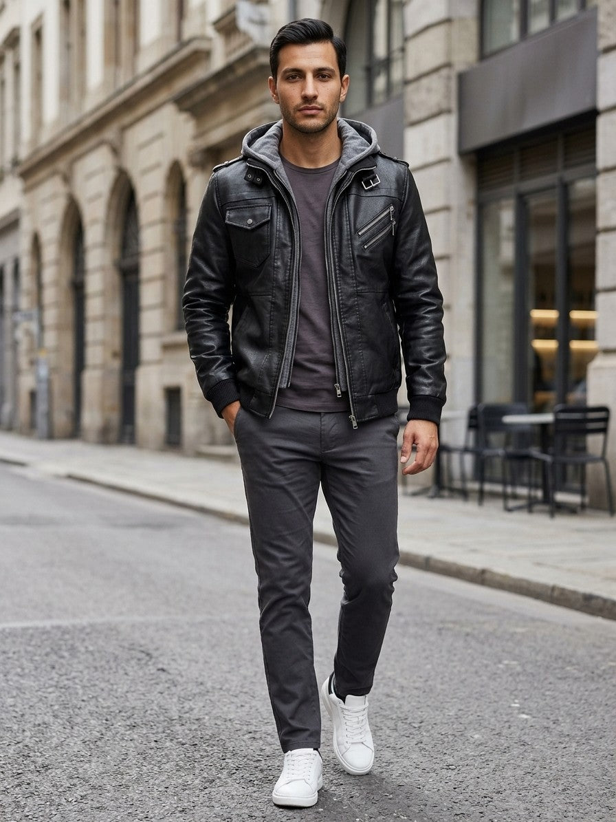 Riomaggiore Men's Hooded Moto Jacket — black — lifestyle