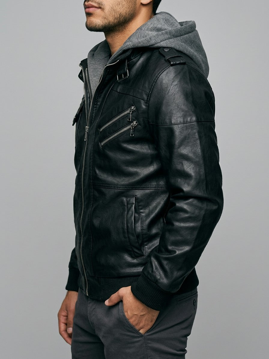 Riomaggiore Men's Hooded Moto Jacket — black — side
