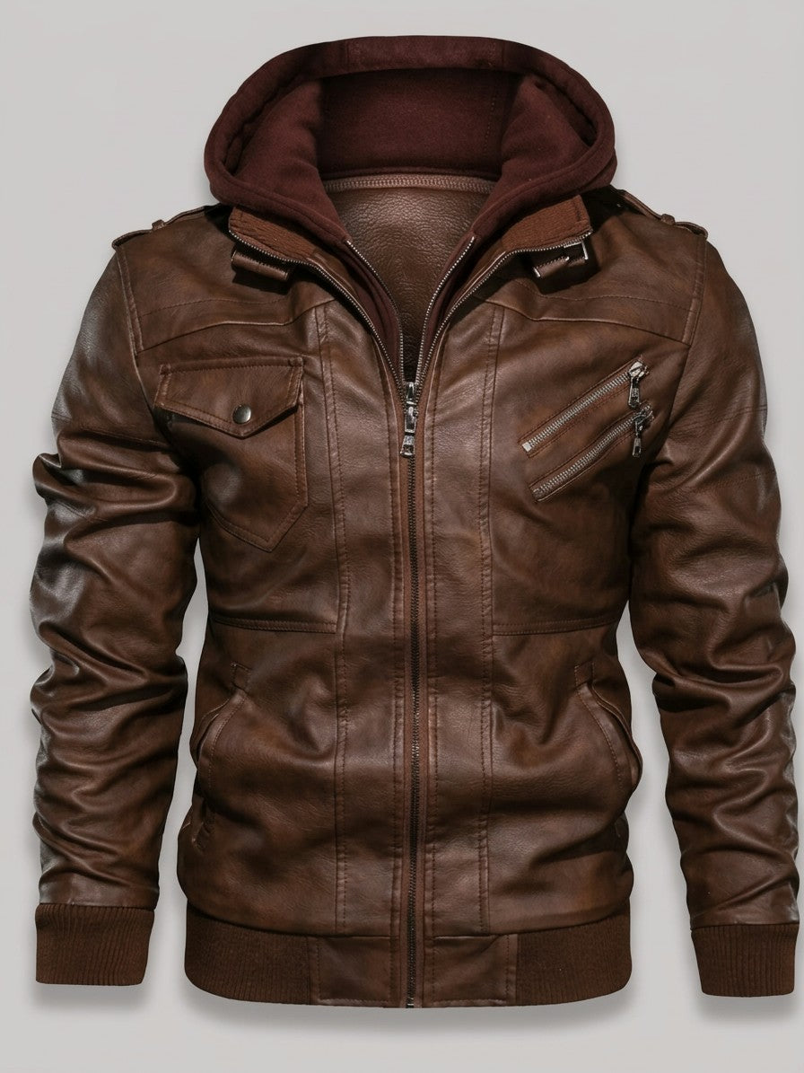 Riomaggiore Men's Hooded Moto Jacket — brown — packshot