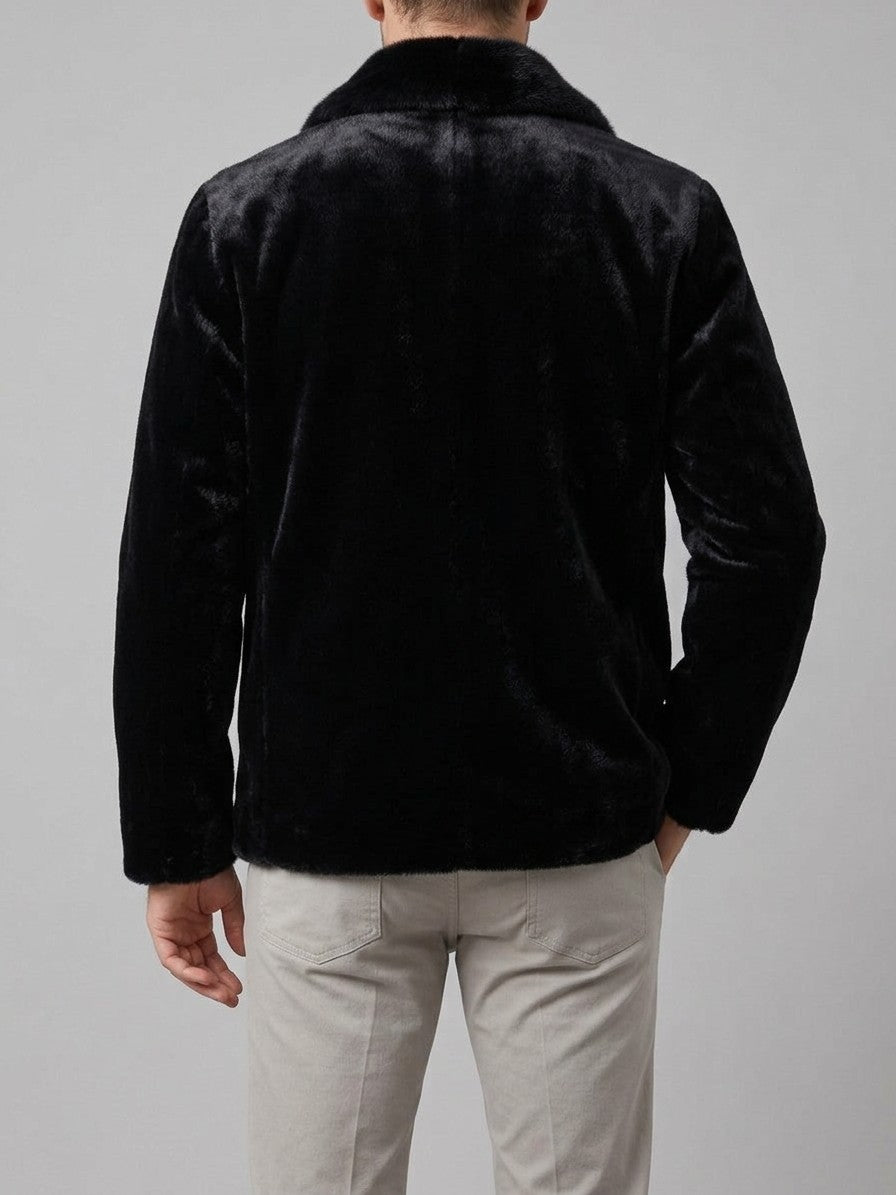 Roccaraso Men's Shawl Collar Faux Fur Jacket — black — back