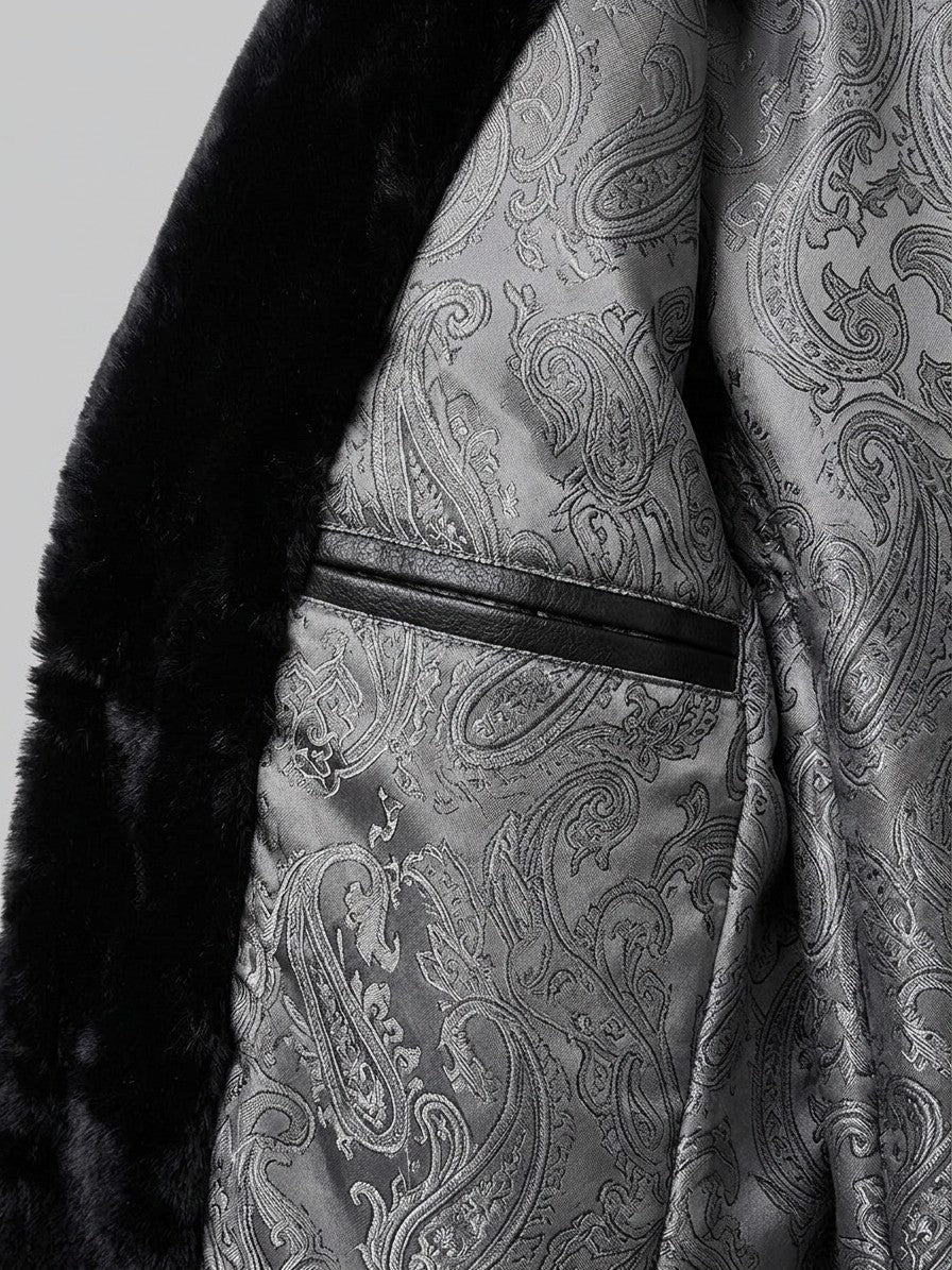 Roccaraso Men's Shawl Collar Faux Fur Jacket — black — detail-collar