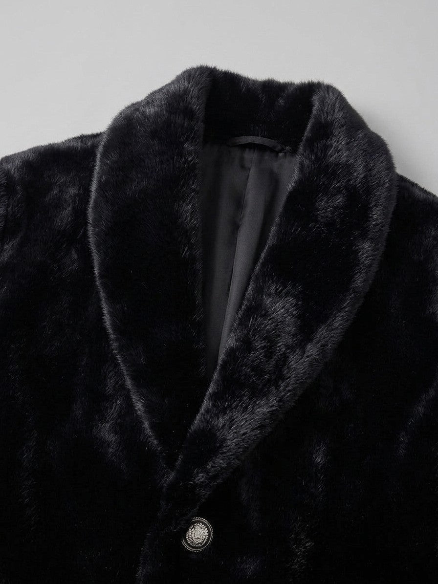 Roccaraso Men's Shawl Collar Faux Fur Jacket — black — detail