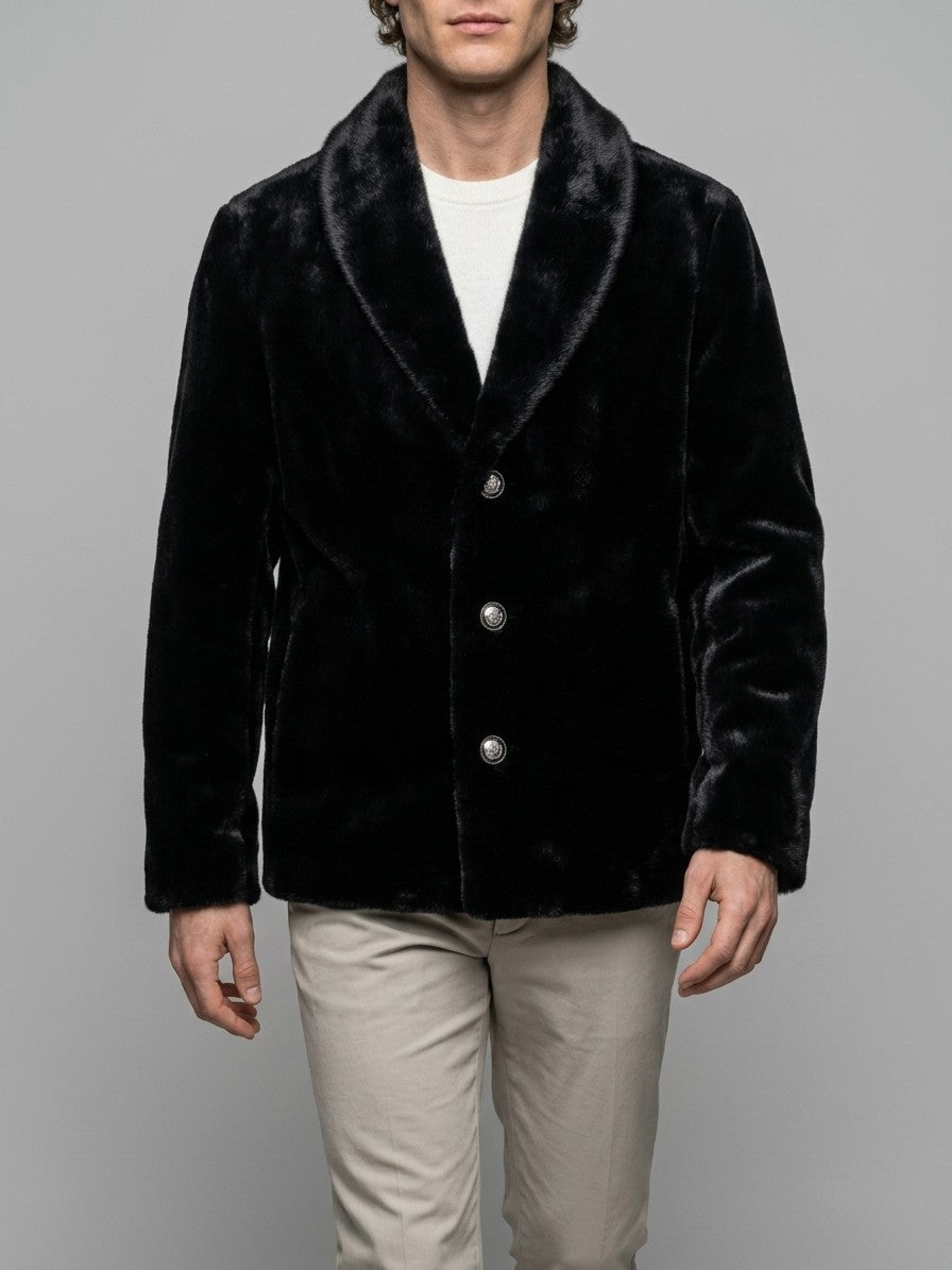 Roccaraso Men's Shawl Collar Faux Fur Jacket — black — front