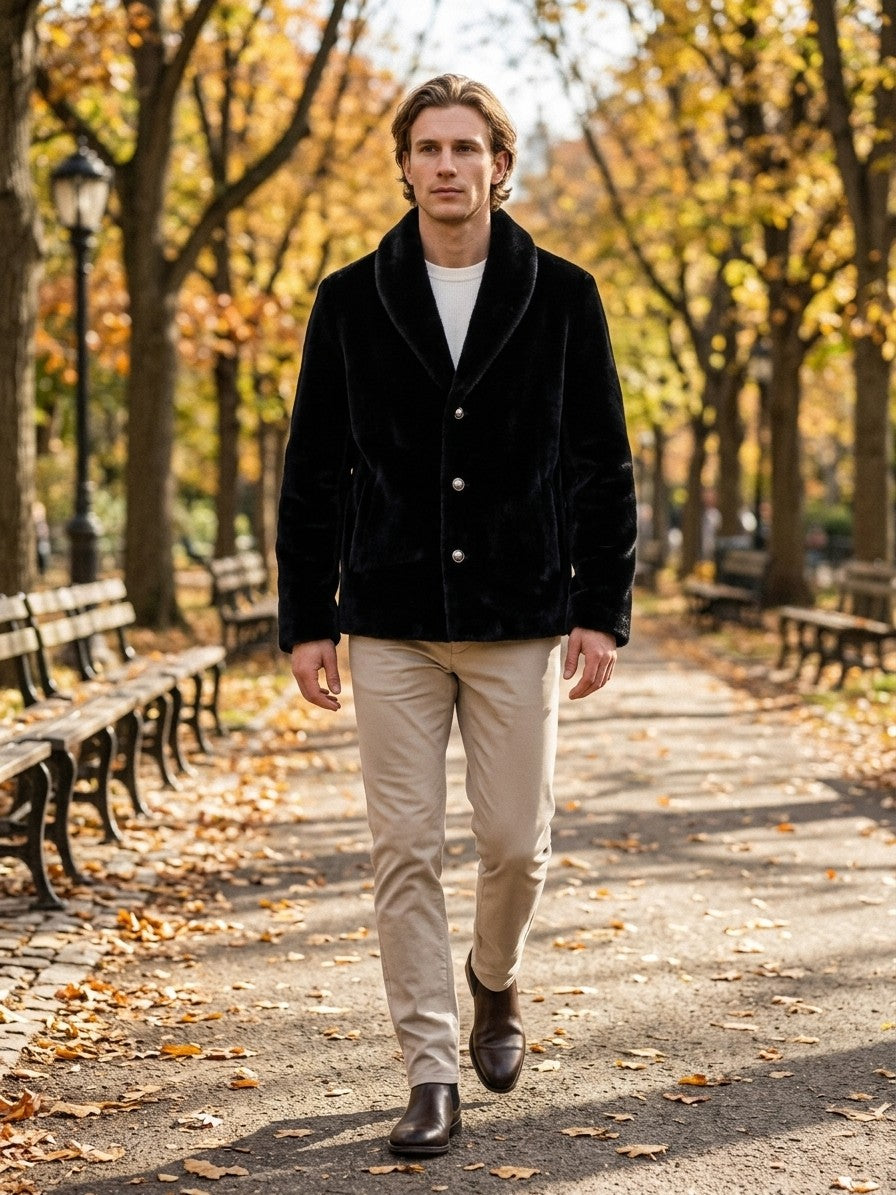 Roccaraso Men's Shawl Collar Faux Fur Jacket — black — lifestyle