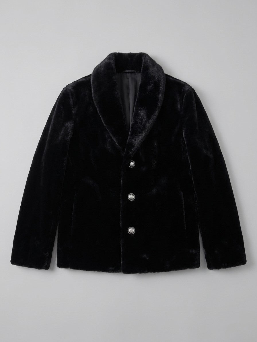 Roccaraso Men's Shawl Collar Faux Fur Jacket — black — packshot