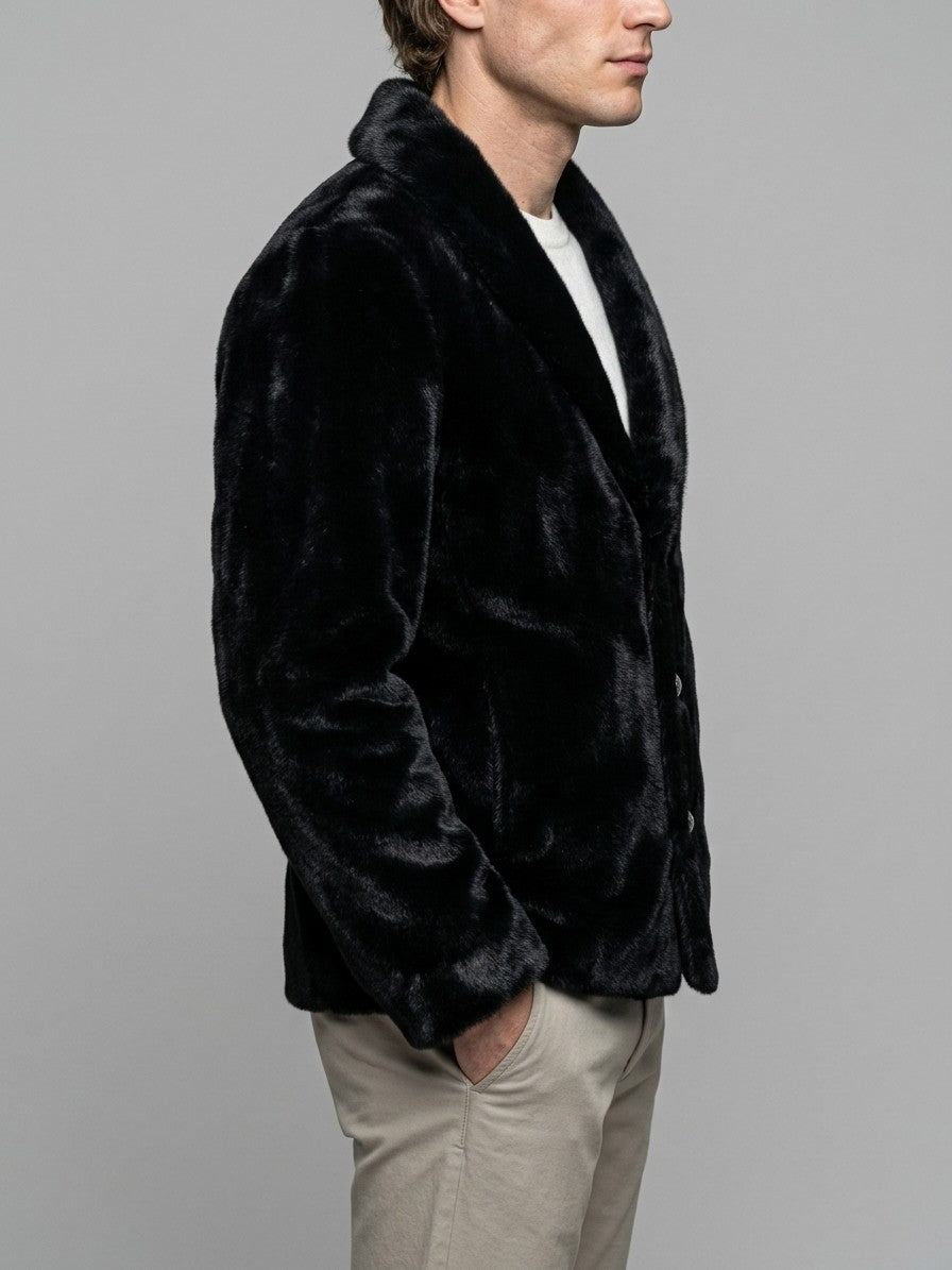 Roccaraso Men's Shawl Collar Faux Fur Jacket — black — side