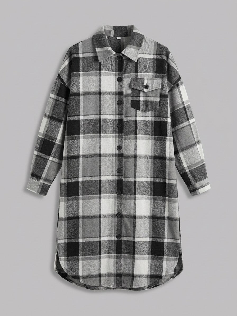 Ronciglione Women's Longline Plaid Shacket — black — packshot