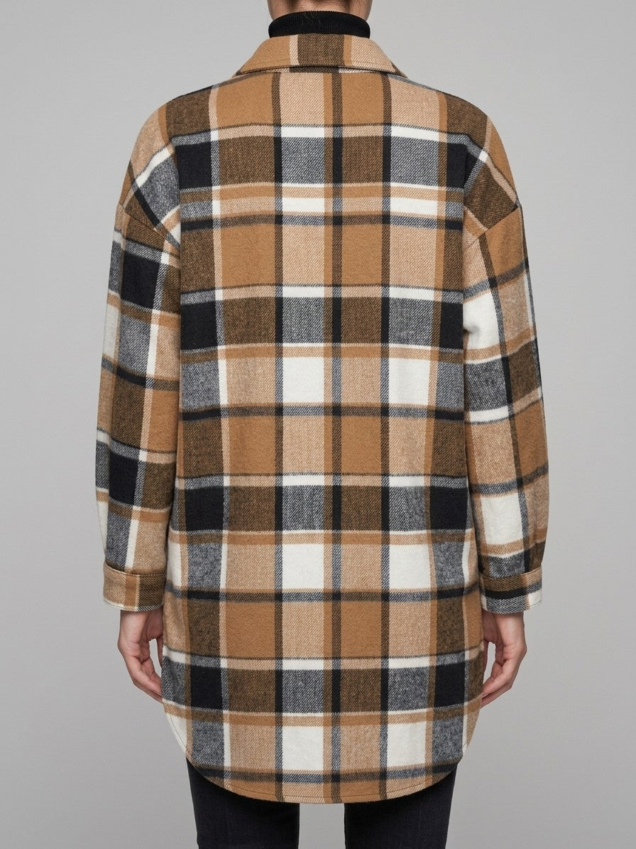 Ronciglione Women's Longline Plaid Shacket — caramel — back