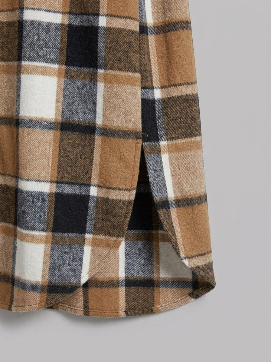 Ronciglione Women's Longline Plaid Shacket — caramel — detail-collar