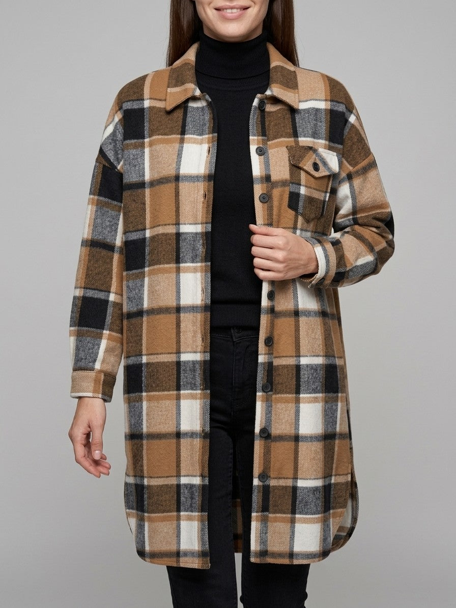 Ronciglione Women's Longline Plaid Shacket — caramel — front