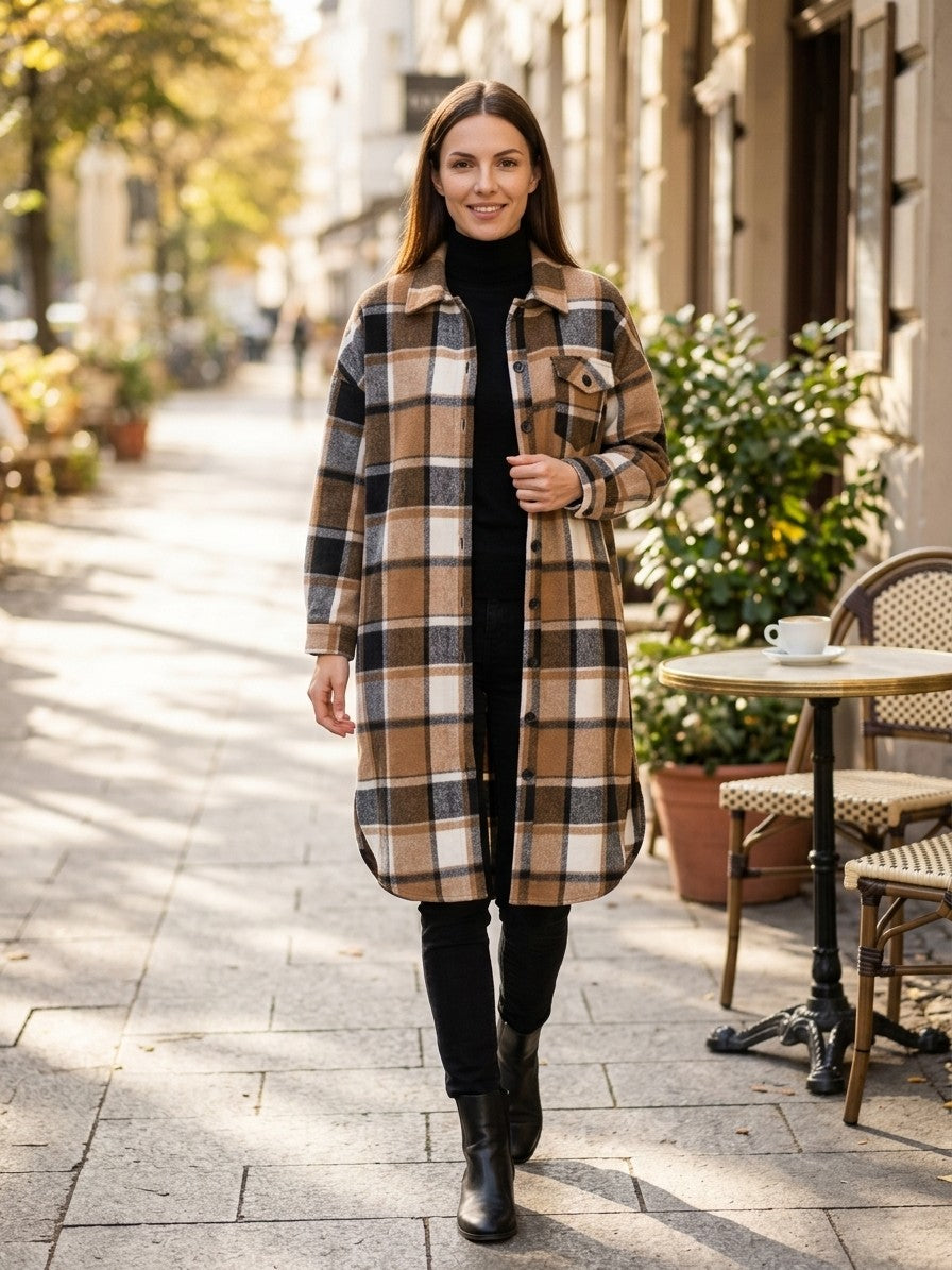 Ronciglione Women's Longline Plaid Shacket — caramel — lifestyle