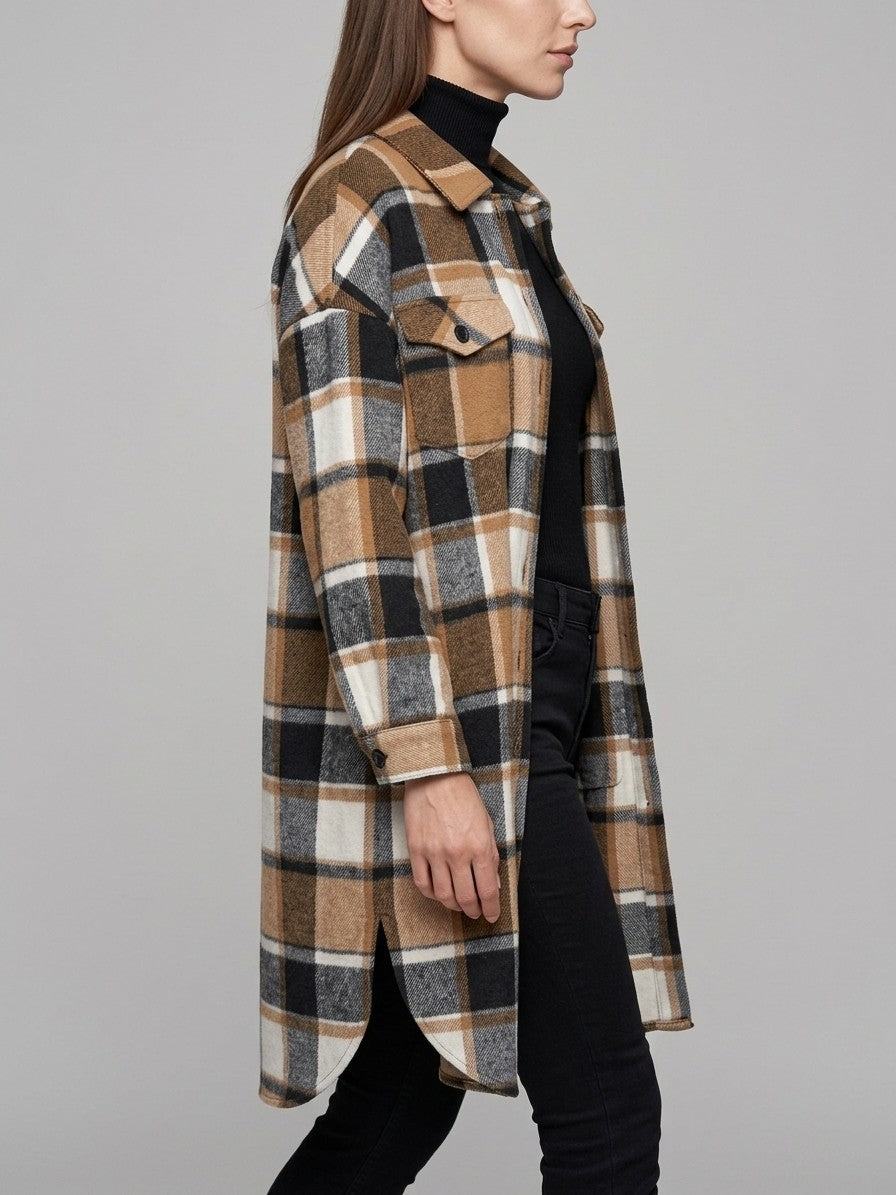 Ronciglione Women's Longline Plaid Shacket — caramel — side